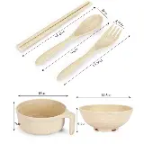 Set Mangkok Mie Wheat Straw Lengkap Tutup Cup Sendok Garpu Sumpit — 8