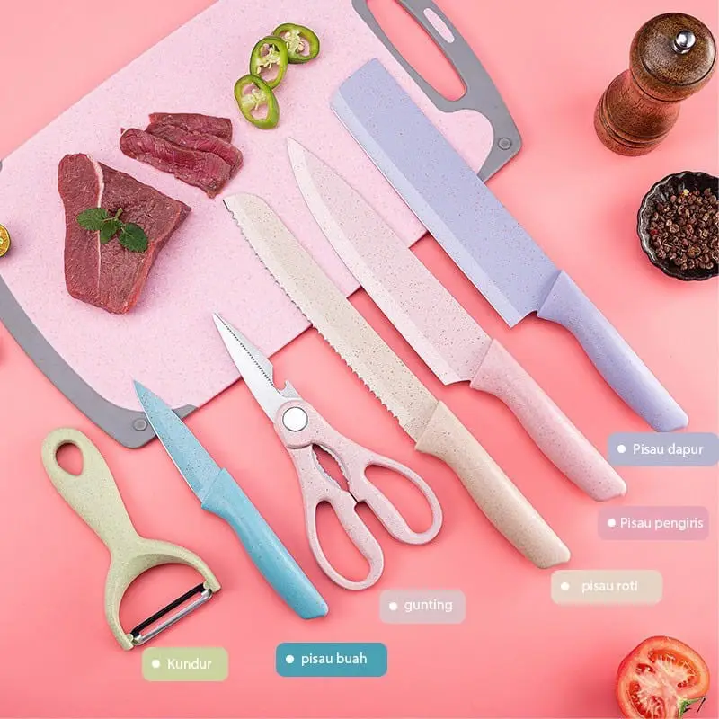 Pisau Dapur Set Warna Kitchen Knife Macaron Gunting Peeler 6in1