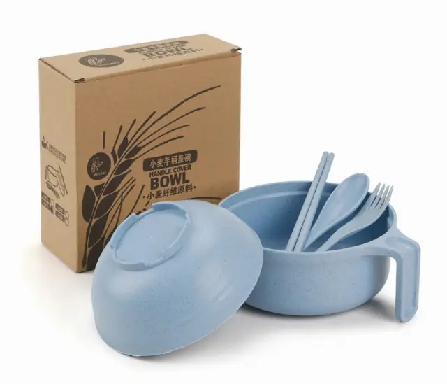 Set Mangkok Mie Wheat Straw Lengkap Tutup Cup Sendok Garpu Sumpit